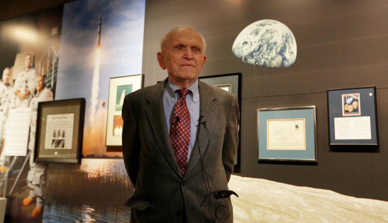 Astronaut Frank Norman stands in front of his exhibit. The EAA Aviation Museum in Oshkosh, Wis. has opened “The Borman Collection: An EAA Member’s Space Odyssey,” an exhibit that features the personal archives and memorabilia of astronaut Frank Borman, who was on the leading edge of America’s space program through the 1960s. The new exhibit was formally opened with a ribbon cutting by Borman in 2018.