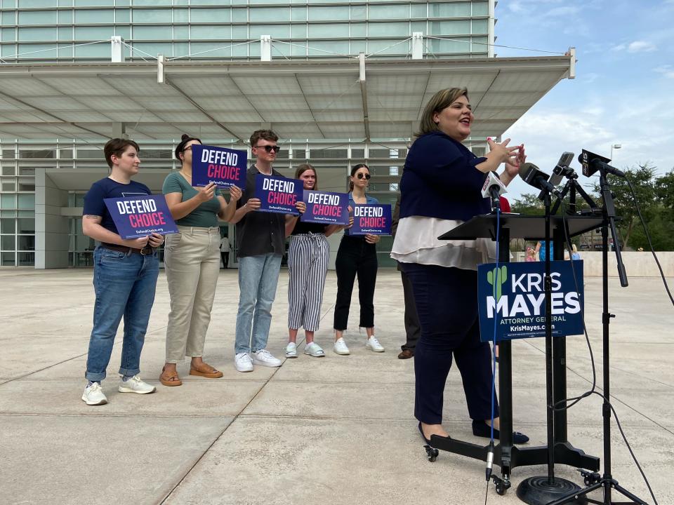 Arizona Democratic Party Chairwoman Raquel Terán speaks during a news conference on July 22, 2022, at the Sandra Day O'Connor Federal Courthouse, 401 W. Washington St., Phoenix.