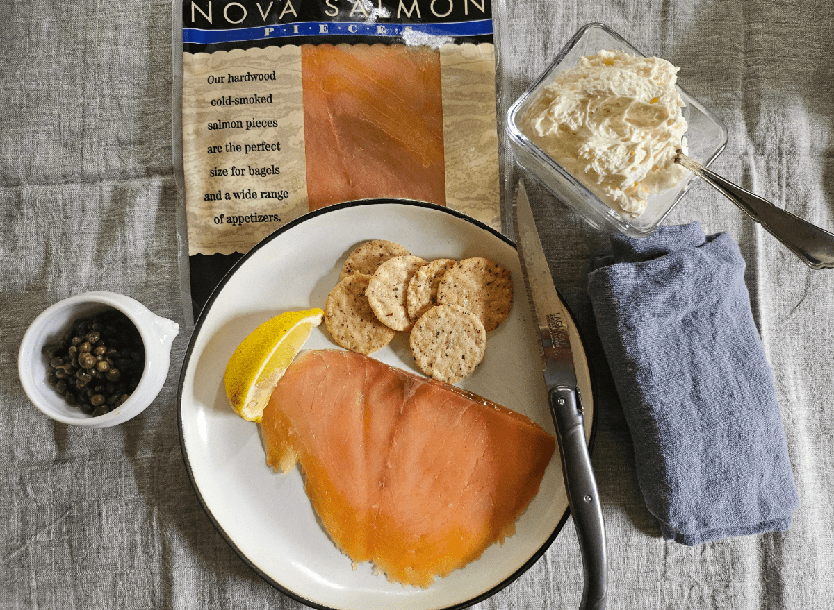 trader joe's nova salmon on a plate with fixings 