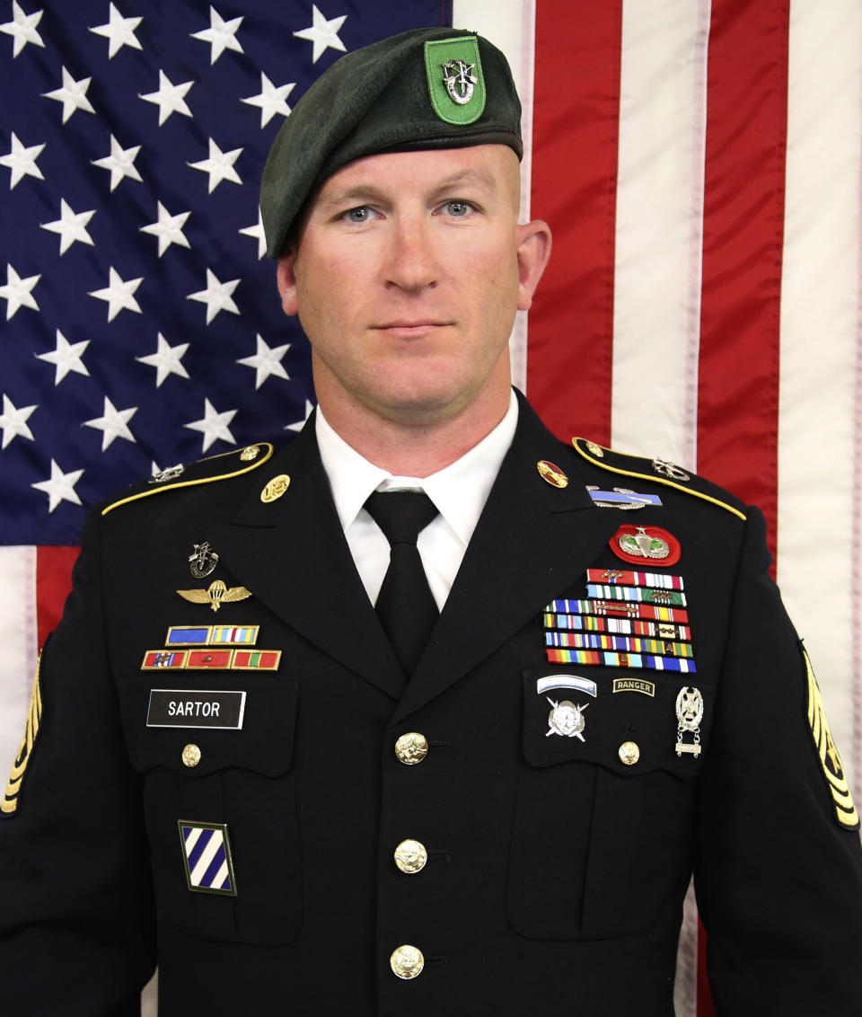 Sgt. Maj. James G. "Ryan" Sartor is seen in an undated photo provided by the U.S. Army Special Operations Command. A spokeswoman for the U.S. Army Special Operations Command said in a statement Sunday that Sartor was killed Saturday, July 13, 2019 during combat operations in Faryab Province, Afghanistan. (U.S. Army Special Operations Command via AP)