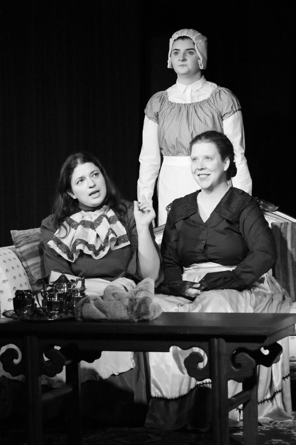 Alison Quinn (Anna),   Samantha Renee (Claire) and   Jordan Marcum (Maid) in "Boston Marriage" at Palaver Tree Theater Dec. 9-10 and Dec. 15-17, 2022.