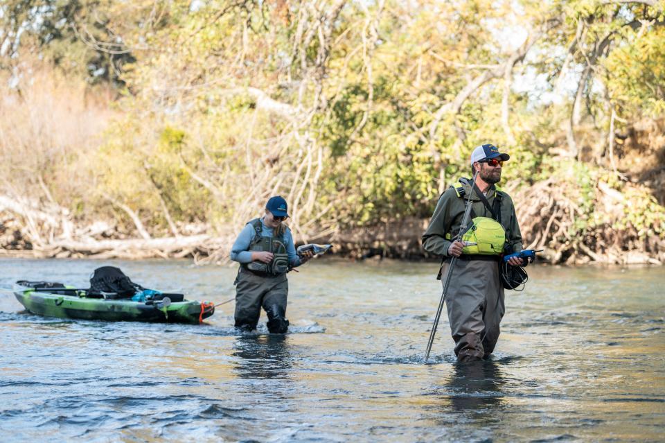 Biologists survey the Mokelumne River during the salmon spawning season in November 2023.