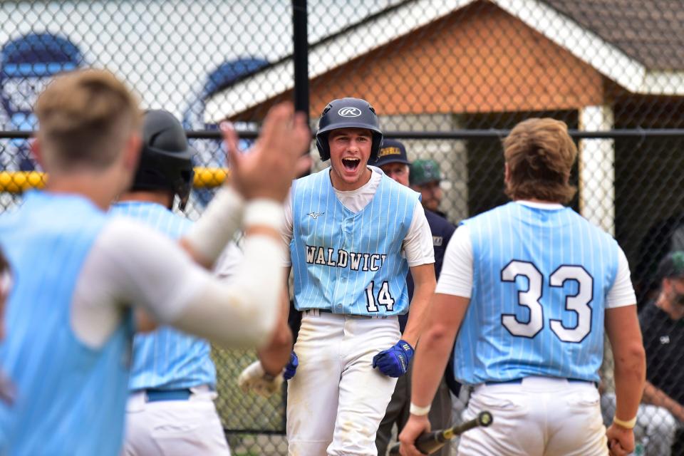 Frank Kasperowicz, #14 of Waldwick reacts at home as his team plays against Kinnelon during their semifinal round of the NJSIAA North 1, Group 1 baseball tournament in Waldwick, Tuesday on 06/07/22.