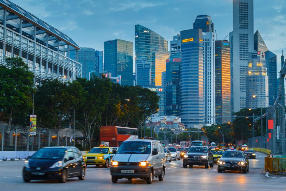 Skyscrapers and traffic in Singapore.