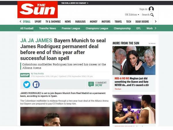 Imagen del controversial titular de The Sun sobre James. Foto: Tomada de The Sun