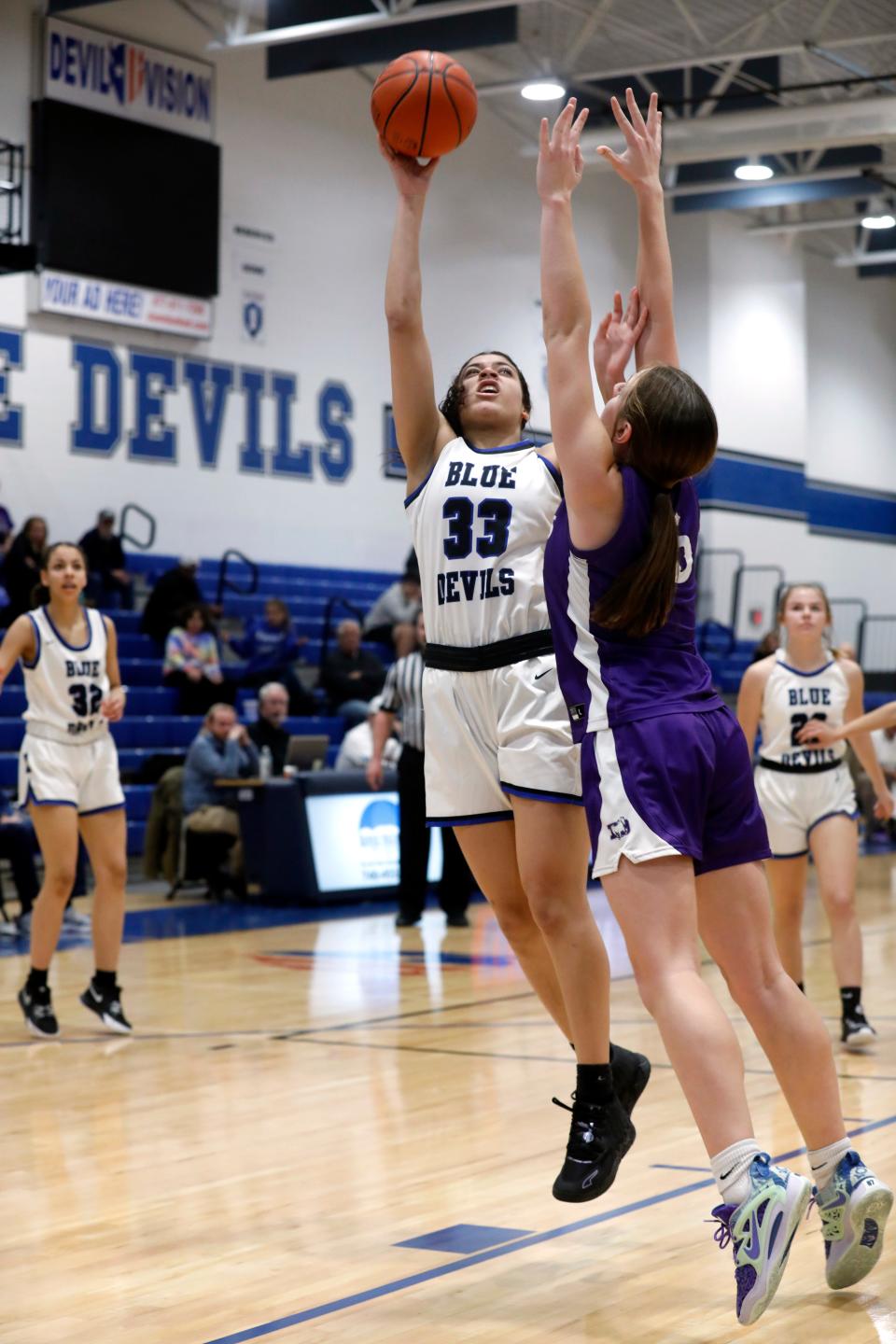 Zanesville freshman Rayne Newman shoots from the block during Zanesville's 51-30 loss to Columbus DeSales on Monday night at Winland Memorial Gymnasium.