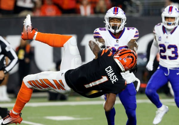 Cincinnati Bengals wide receiver Ja'Marr Chase (1) attempts to catch a pass against the Buffalo Bills on Sunday at Paycor Stadium in Cincinnati. Photo by John Sommers II/UPI