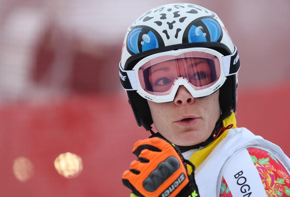 Germany's Maria Hoefl-Riesch stands on the alpine skiing training slopes at the Sochi 2014 Winter Olympics, Monday, Feb. 17, 2014, in Krasnaya Polyana, Russia. (AP Photo/Alessandro Trovati)