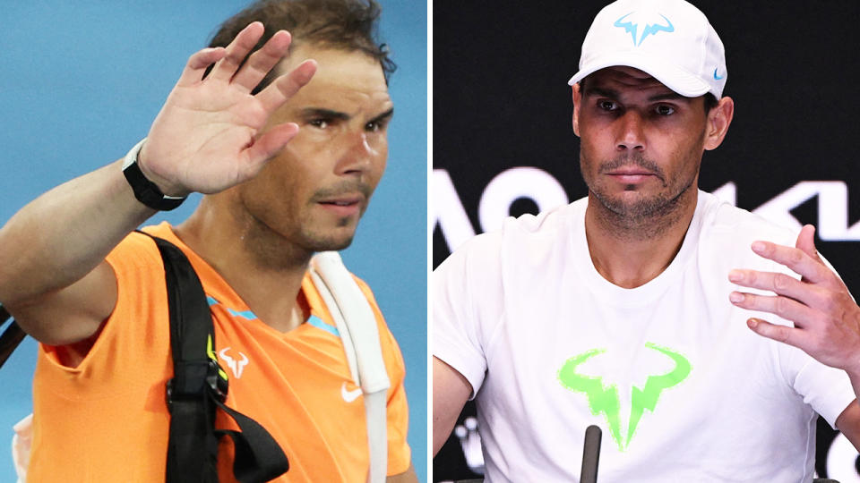 Rafael Nadal waves to the Australian Open crowd on the left, and gestures during a press conference on the right.