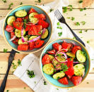 <p>This marinated salad is such a healthy way to enjoy those fresh summer veggies and can be easily customized. Try adding in some fresh herbs or feta cheese for a little added flavor. You can also swap in seasoned pepper, which is amped up with additional seasonings, in place of the plain ground pepper for an additional flavor boost. This recipe is part of our <a href="https://www.eatingwell.com/article/7902588/juneteenth-family-cookout-menu/" rel="nofollow noopener" target="_blank" data-ylk="slk:Juneteenth Family Cookout Menu;elm:context_link;itc:0;sec:content-canvas" class="link ">Juneteenth Family Cookout Menu</a>. <a href="https://www.eatingwell.com/recipe/7902446/marinated-cucumber-tomato-salad/" rel="nofollow noopener" target="_blank" data-ylk="slk:View Recipe;elm:context_link;itc:0;sec:content-canvas" class="link ">View Recipe</a></p>