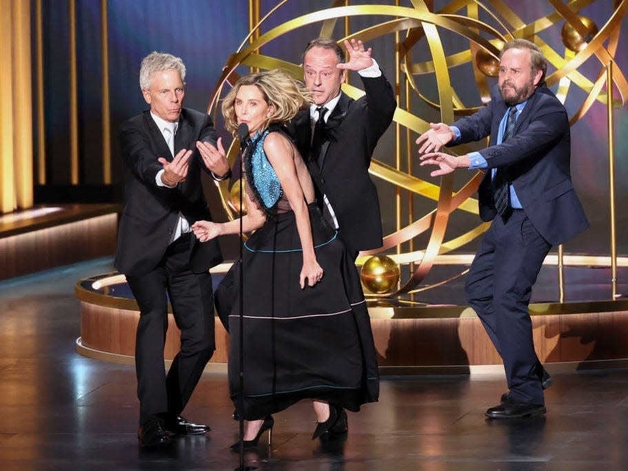 Greg Germann, Calista Flockhart, Gil Bellows and Peter MacNicol onstage at the 75th Primetime Emmy Awards held at the Peacock Theater on January 15, 2024 in Los Angeles, California.