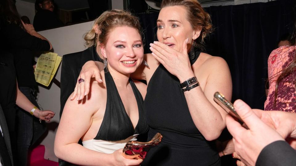 LONDON, ENGLAND - MAY 14: Mia Threapleton and Kate Winslet accept the Single Drama Award for 'I Am Ruth' backstage during the 2023 BAFTA Television Awards with P&O Cruises at The Royal Festival Hall on May 14, 2023 in London, England. (Photo by Scott Garfitt/BAFTA via Getty Images)