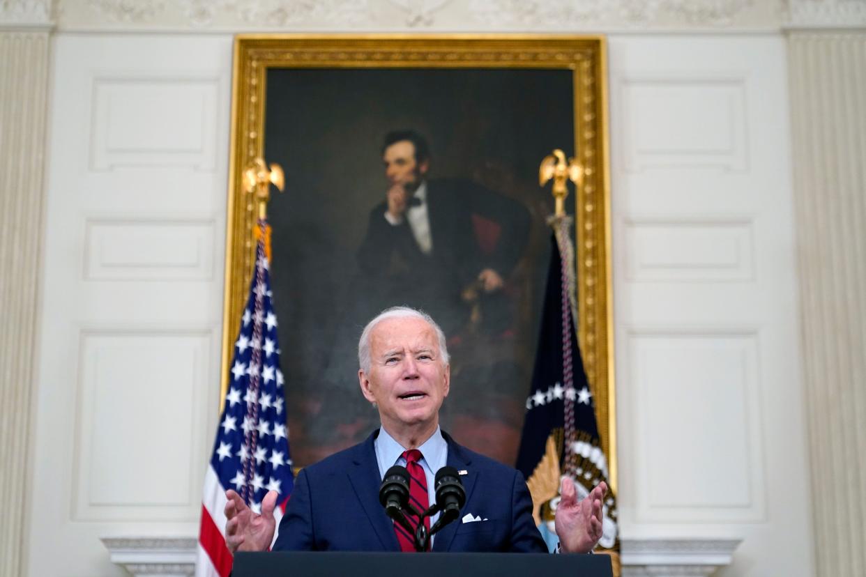 President Joe Biden speaks about the shooting in Boulder, Colo. on Tuesday, March 23, 2021, in the State Dining Room of the White House in Washington.