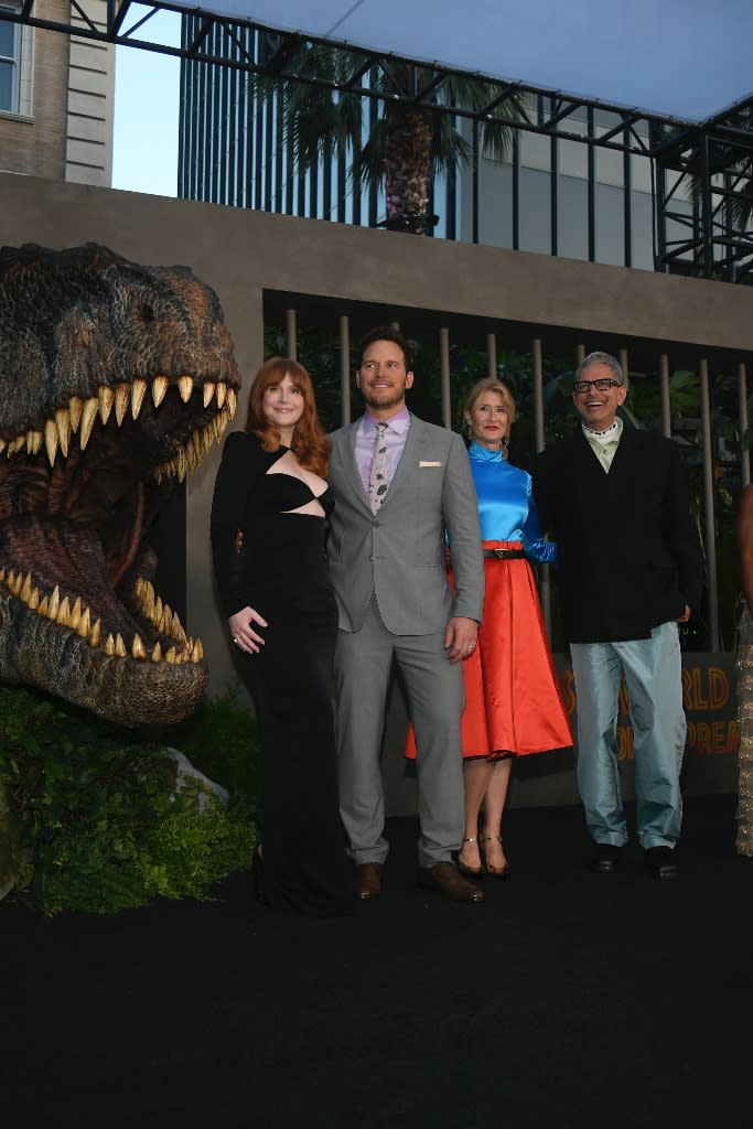 Bryce Dallas Howard, Chris Pratt, Laura Dern and Jeff Goldblum attend the Los Angeles premiere of “Jurassic World: Dominion” at Grauman’s Chinese Theatre on June 6, 2022. - Credit: Michael Buckner for Variety