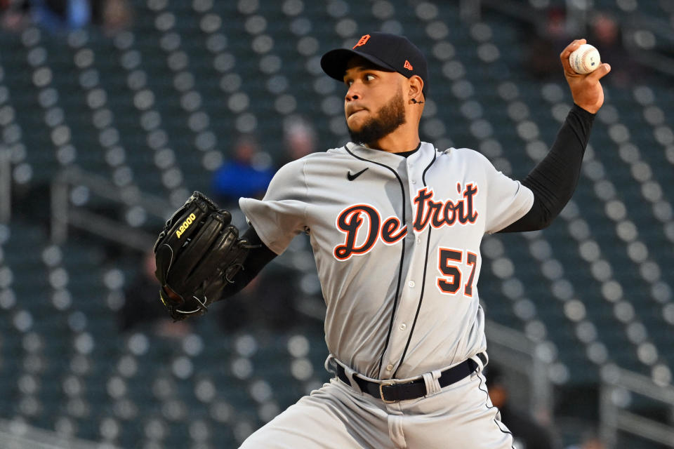 Apr 26, 2022; Minneapolis, Minnesota, USA; Detroit Tigers starting pitcher Eduardo Rodriguez (57) throws a pitch against the Minnesota Twins during the first inning at Target Field. Mandatory Credit: Nick Wosika-USA TODAY Sports