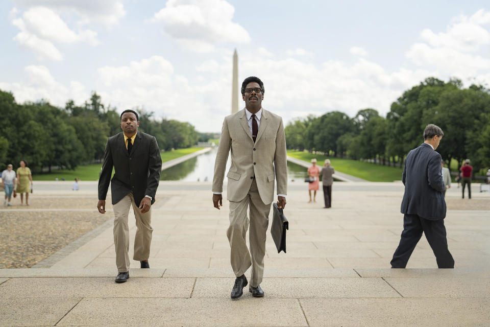 This image released by Netflix shows Jeffrey Mackenzie Jordan, left, and Colman Domingo as Bayard Rustin in a scene from "Rustin." (Parrish Lewis/Netflix via AP)