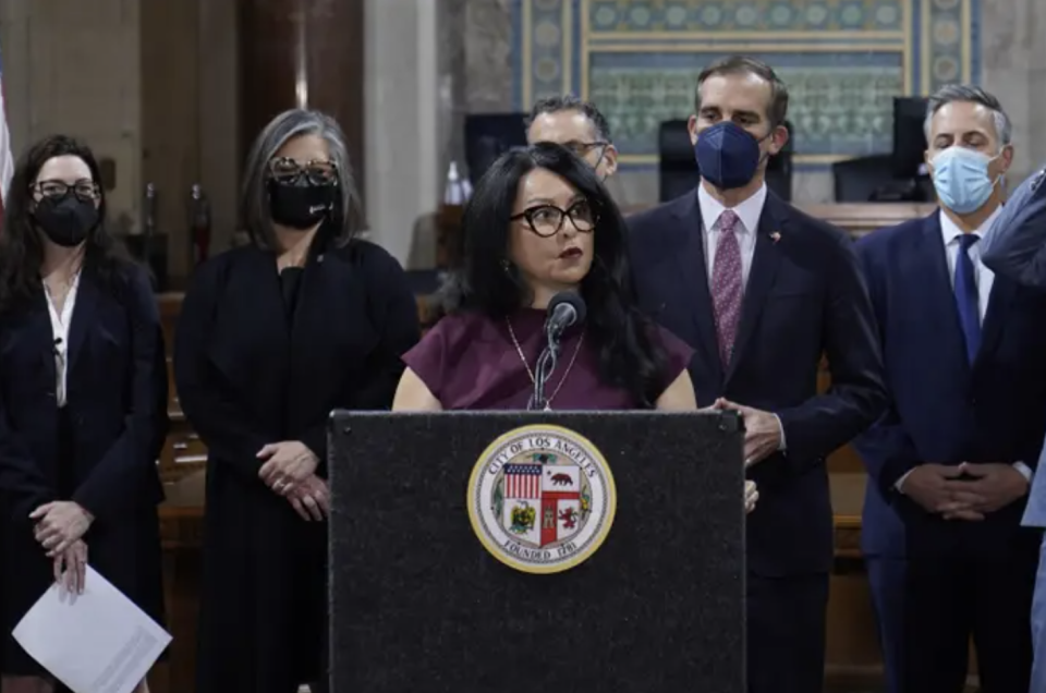 Los Angeles City Council President Nury Martinez speaks during a news conference on April 1, 2022.