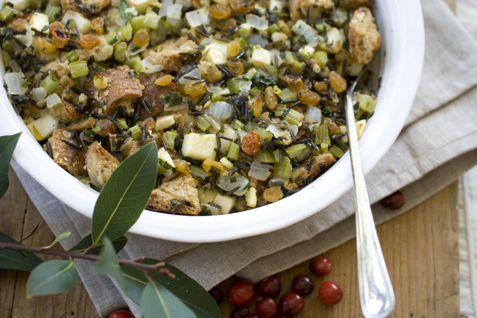 This Oct. 14, 2013 photo shows multigrain and wild rice stuffing with apples and herbs in Concord, N.H. (AP Photo/Matthew Mead)