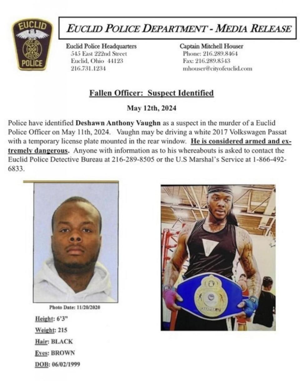 PHOTO: The Euclid, Ohio, Police Department announced that they are searching for Deshawn Anthony Vaughn, 24, as a suspect in the fatal shooting of the officer on May 11, 2024. (Euclid Police Department)