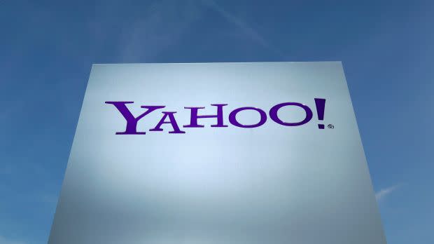 A Yahoo logo is pictured on the company's building in Switzerland.