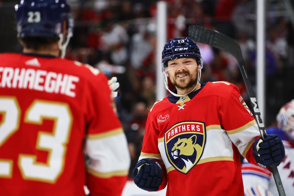 May 26, 2024; Sunrise, Florida, USA; Florida Panthers center Sam Reinhart (13) celebrates after scoring against the New York Rangers during the first period in game three of the Eastern Conference Final of the 2024 Stanley Cup Playoffs at Amerant Bank Arena. Mandatory Credit: Sam Navarro-USA TODAY Sports