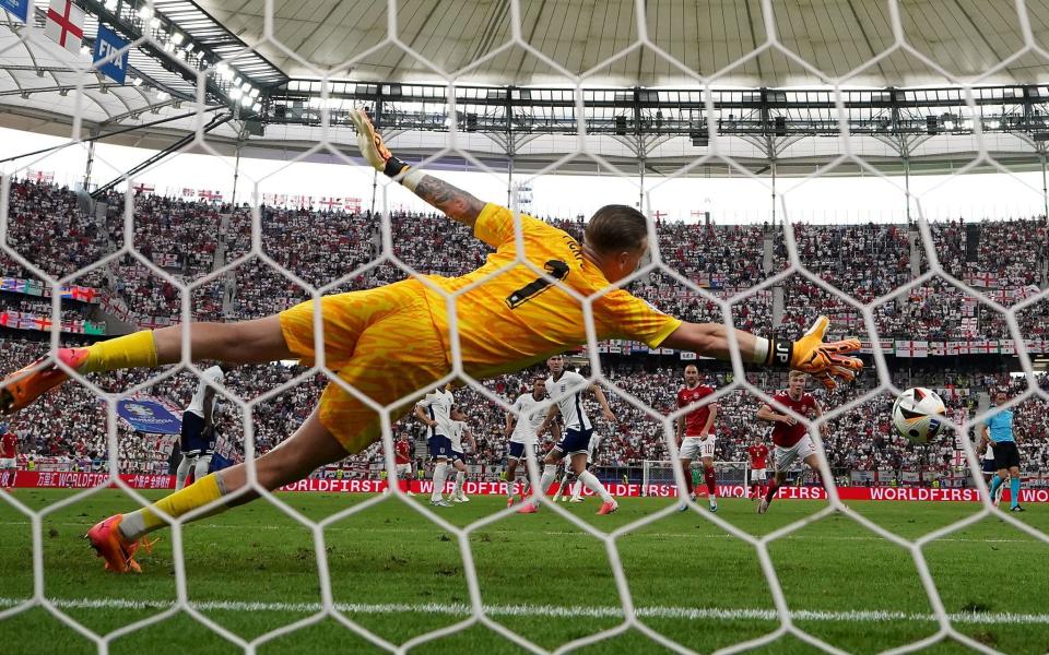 England goalkeeper Jordan Pickford fails to stop Denmark's Morten Hjulmand scoring