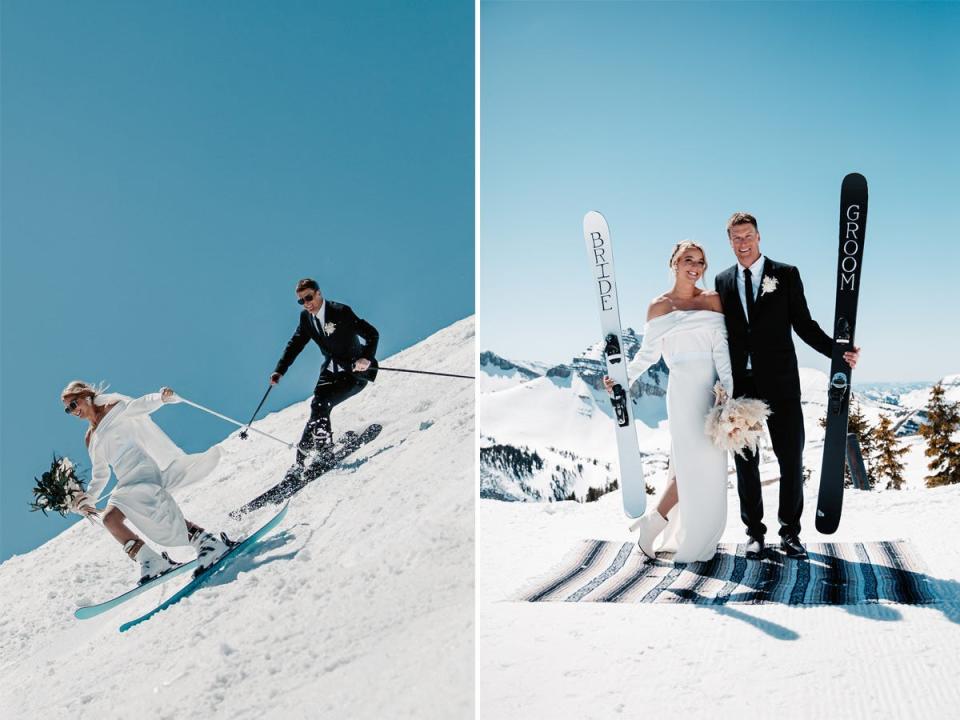 A side-by-side of a bride and groom skiing down a mountain and the same couple posing with skis on top of a mountain.
