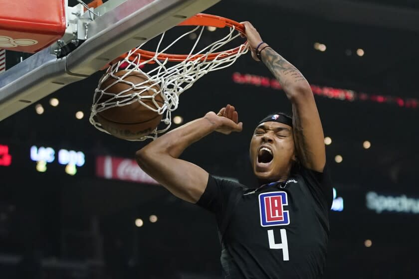 Los Angeles Clippers guard Brandon Boston Jr. (4) dunks the ball during the first half.