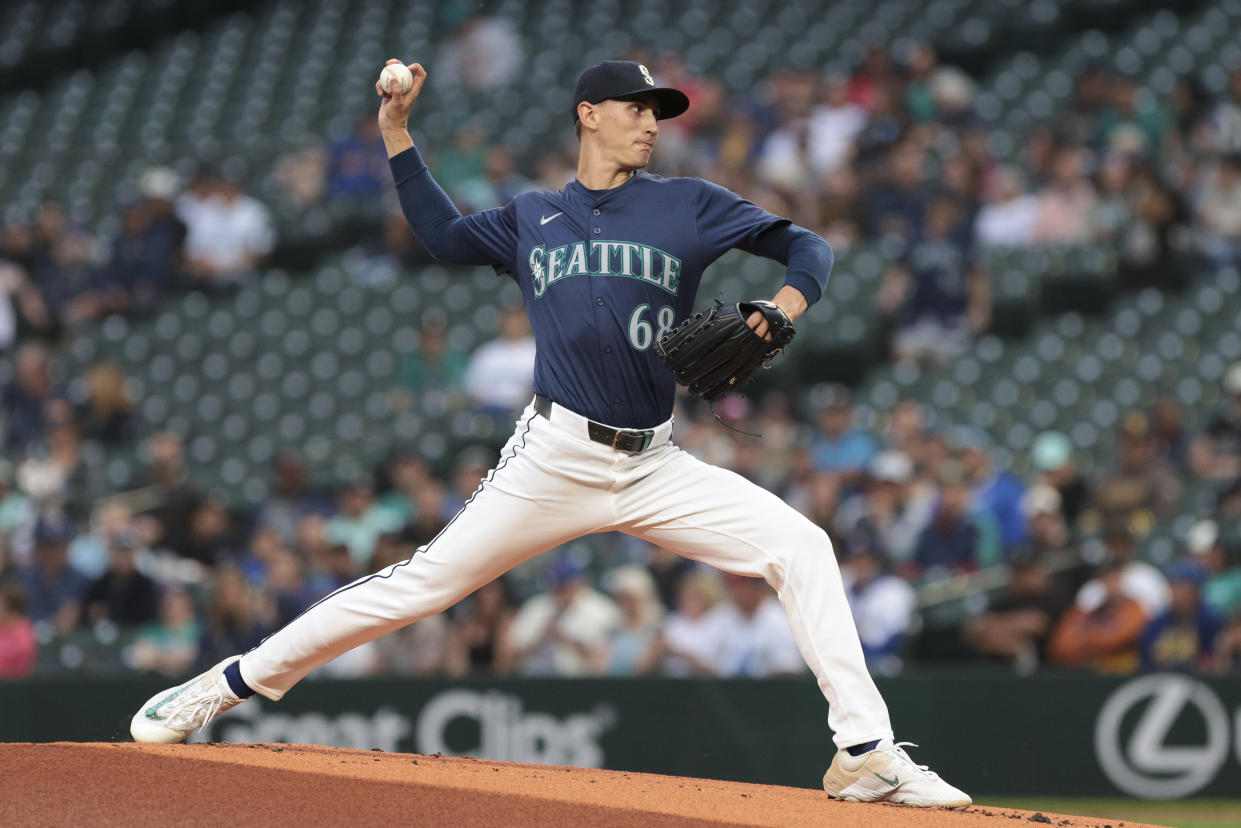 Seattle Mariners starting pitcher George Kirby throws during the first inning of a baseball game against the San Diego Padres, Tuesday, Sept. 10, 2024, in Seattle. (AP Photo/Jason Redmond)