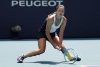 Mar 21, 2019; Miami Gardens, FL, USA; Dalila Jakupovic of Slovenia reacts after missing a shot against Venus Williams of the United States (not pictured) in the first round of the Miami Open at Miami Open Tennis Complex. Geoff Burke