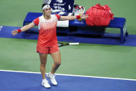 Ons Jabeur, of Tunisia, reacts after defeating Caroline Garcia, of France, during the semifinals of the U.S. Open tennis championships on Thursday, Sept. 8, 2022, in New York. (AP Photo/Julia Nikhinson)