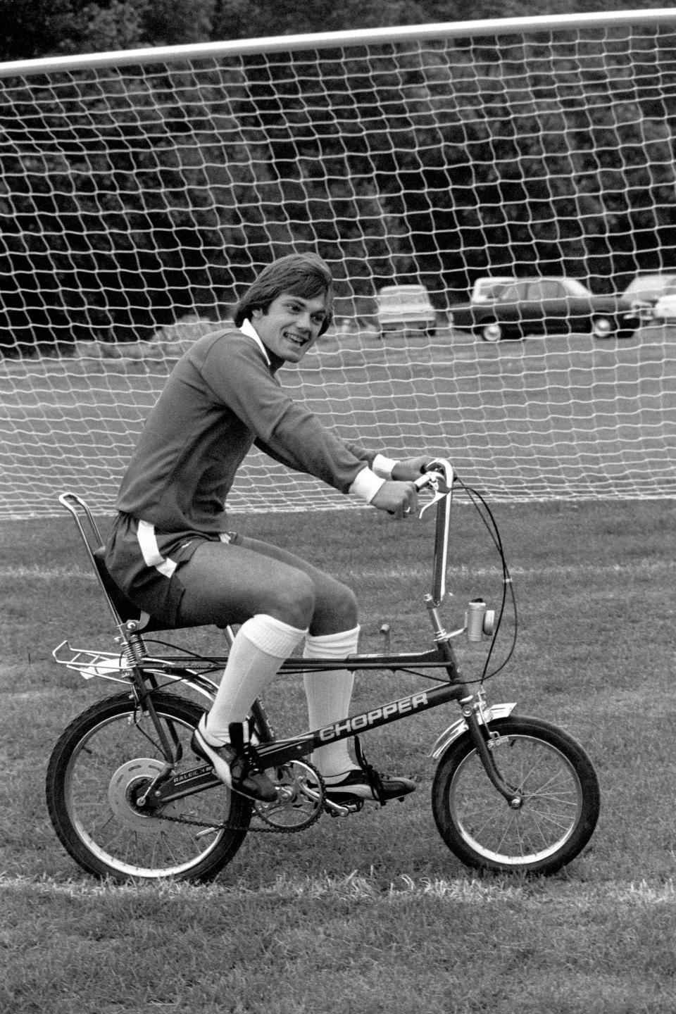 <p>Two 70s icons: Wilkins on board a Chopper bike </p>