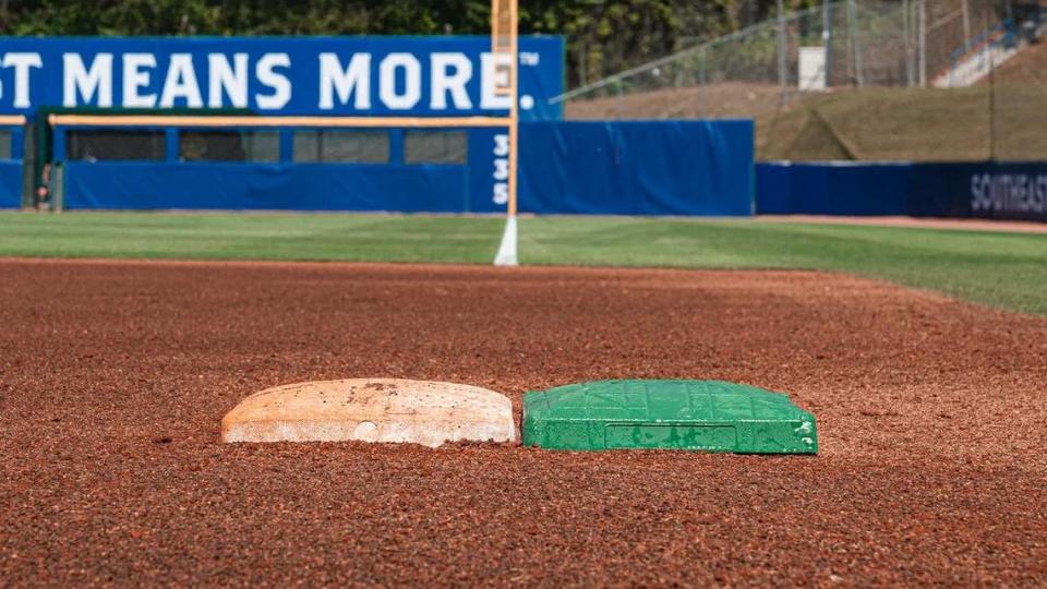 During the SEC Tournament runners will use the green base and fielders the white one on plays at first base.