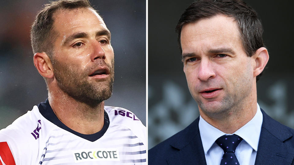 Melbourne Storm captain Cameron Smith and club CEO Dave Donaghy are pictured in a 50-50 split image.