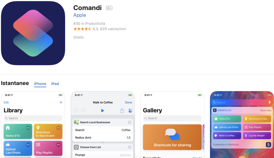 Si scarica, gratuitamente, dall’AppStore e serve per impostare alcune attività che di solito comporterebbero più passaggi, attivandole a cascata con un unico tocco