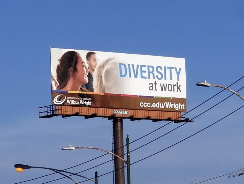 City Colleges of Chicago billboard says "Diversity at work" with a group of diverse individuals' faces. Text also includes "ccc.edu/Wright"