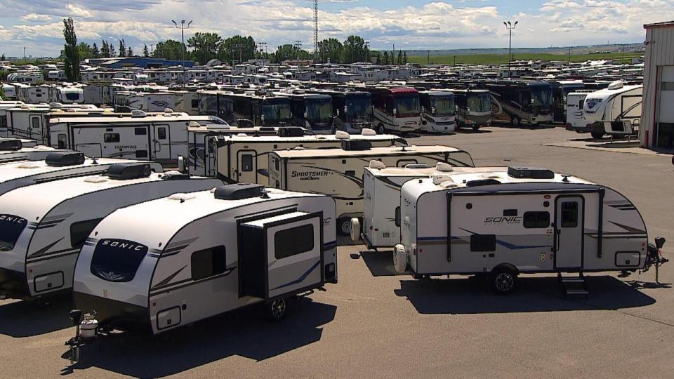 Trailers and motorhomes sit on the lot at Calgary's Bucars RV Centre. 2021 was a record year for RV production in North America with more than 600 thousand RVs produced.