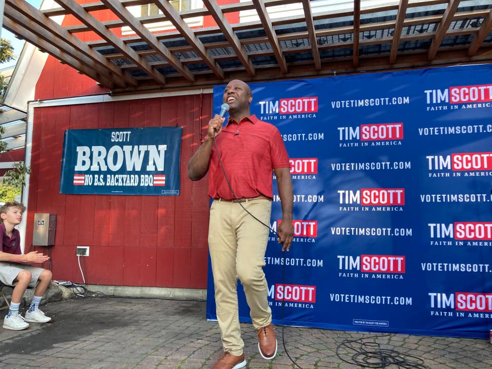 South Carolina Republican U.S. Senator Tim Scott, a 2024 GOP presidential candidate, made a campaign stop in Rye on Thursday, Sept. 7, 2023 hosted by former U.S. Senator Scott Brown and his wife, Gail Huff Brown.