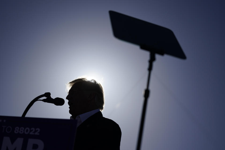 Former President Donald Trump speaks at a campaign rally at Waco Regional Airport, Saturday, March 25, 2023, in Waco, Texas. (AP Photo/Evan Vucci)