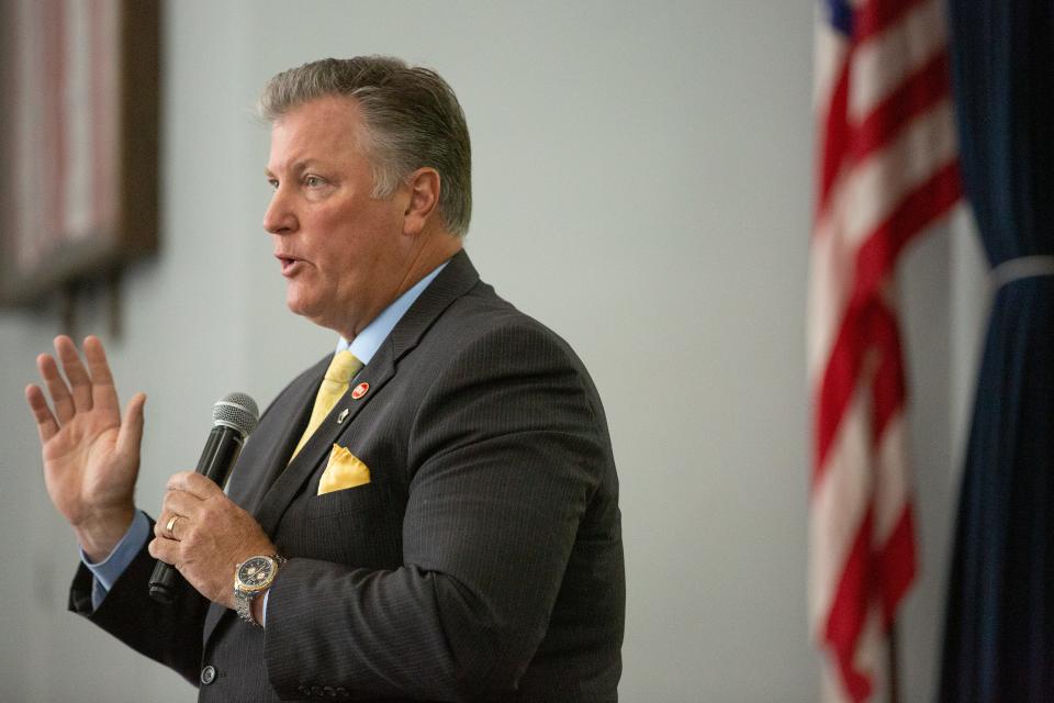 Rep. Scott Cepicky, R-Columbia, speaks to members of the Columbia Kiwanis Club during a meeting held inside the Memorial Building in Columbia, Tenn., on Friday, Aug. 20, 2021.