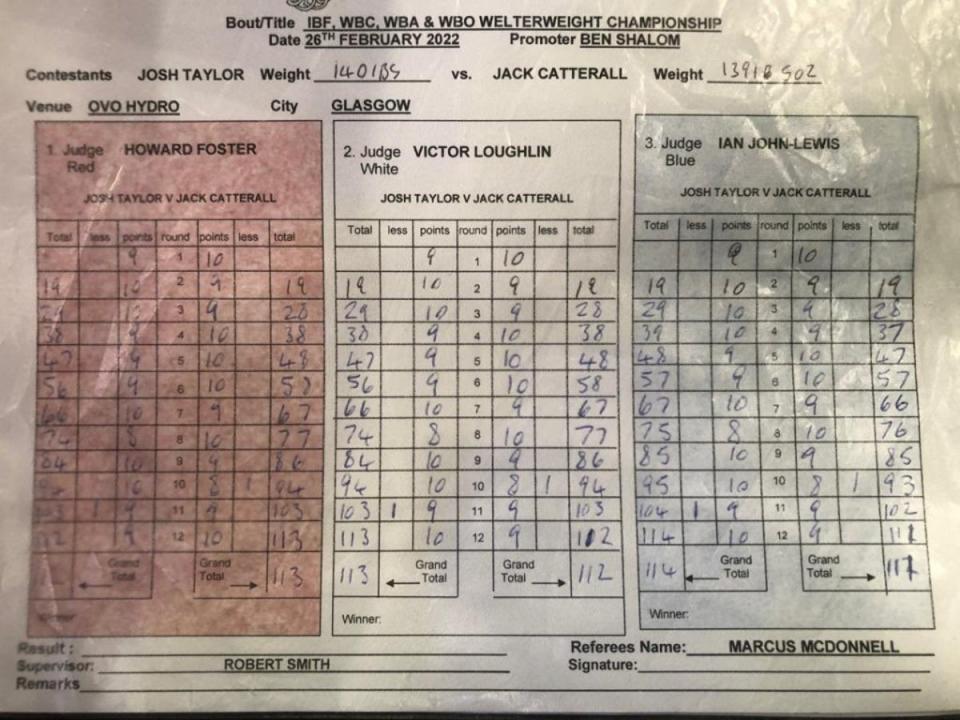 Taylor vs Catterall official scorecards (BBBofC)