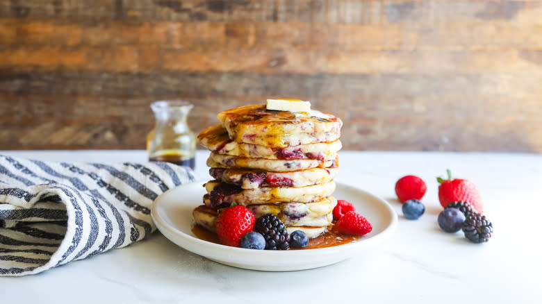 Huge stack of berry pancakes