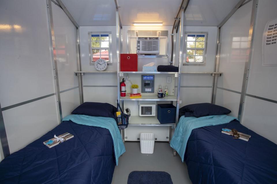 Two beds inside a tiny home in North Hollywood.