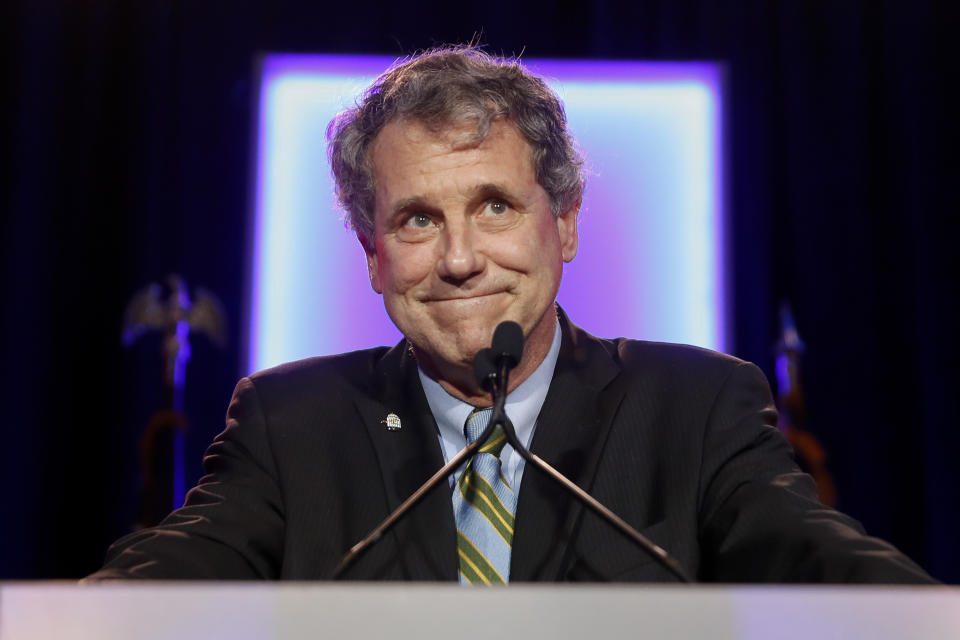 FILE - In this Nov. 6, 2018, file photo, Sen. Sherrod Brown, D-Ohio, speaks to supporters after winning re-election during the Democratic election night party in Columbus, Ohio. Brown plans an online town hall Sunday, Dec. 16 as he considers running for president in 2020. (AP Photo/John Minchillo, File)