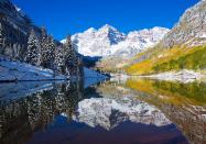 <p>Snow dusts the landscape in Maroon Lake, Colorado // Date unknown</p>