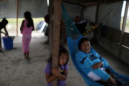 A Venezuelan indigenous familiy of Pemon tribe rest on hammocks in the Brazilian indigenous village Tarau Paru in the border city of Pacaraima, Brazil April 14, 2019. Picture taken April 14. REUTERS/Pilar Olivares