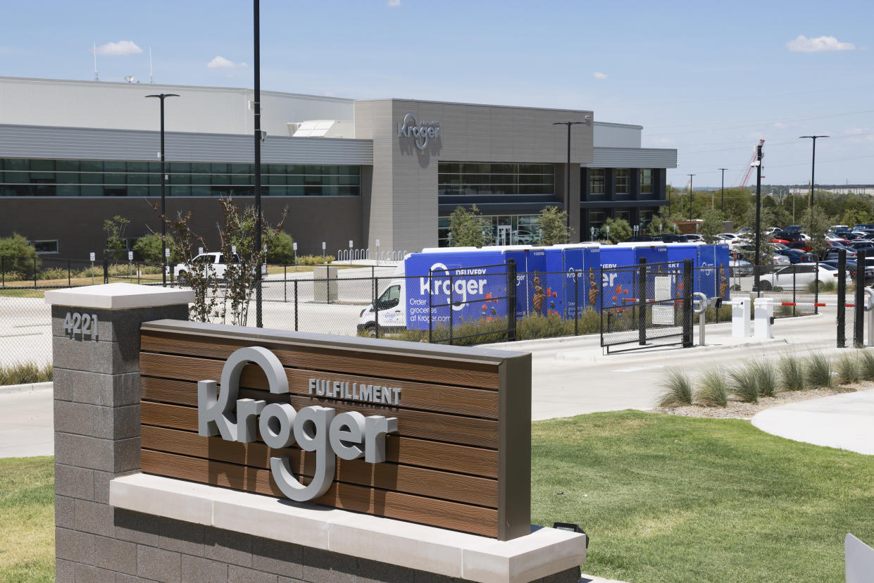 FILE - An exterior view of a Krogers fulfillment center in Dallas, Texas, July 27, 2022. (Rebecca Slezak/The Dallas Morning News via AP, File)