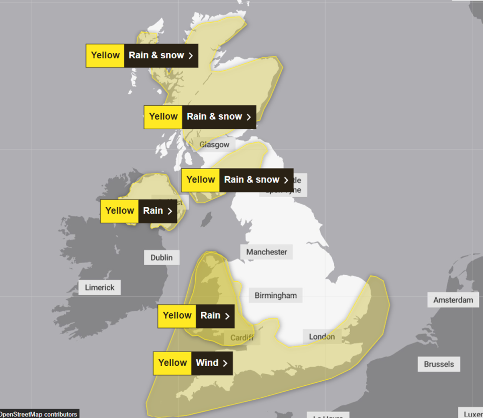 Several weather warnings for snow and rain are in place for Saturday, 30 December (Met Office)