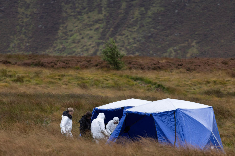 Police search the area of Saddleworth Moor after reports of a skull being found regarding the Moors murder investigations, in Saddleworth Moor, Britain in this picture released on September 30, 2022.  / Credit: GREATER MANCHESTER POLICE via Reuters