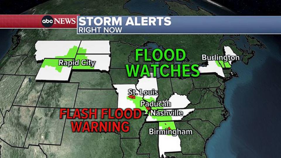 PHOTO: A weather map shows flood watches and flash flood warnings for areas from Missouri to Alabama, Aug. 4, 3023. (ABC News)